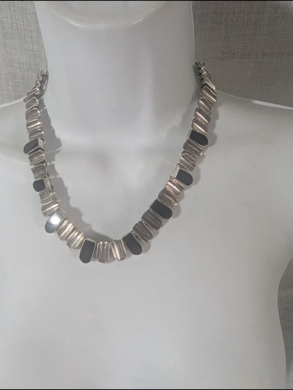 Sterling Silver and Black Onyx Stone Link Necklace Fingernail Maximalist Jewelry